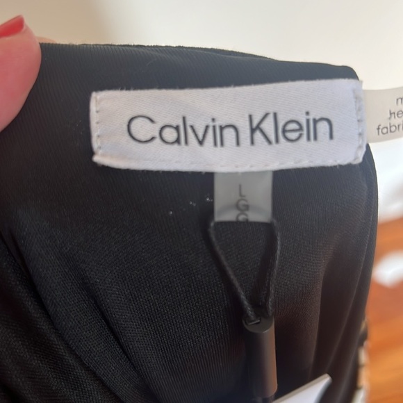 Calvin Klein Neutral Black Brown Tan Asymmetrical Jersey Midi Dress - NWT - L - Picture 13 of 14